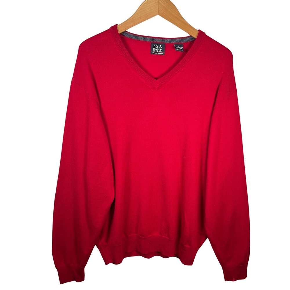 JOS A BANK 100% Merino Wool V Neck Sweater Men Large Red Signature Collection